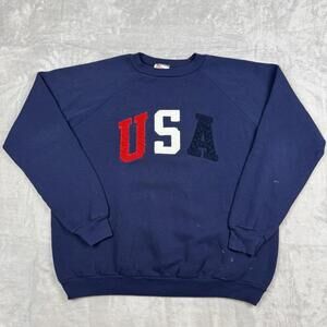 Hanes USA Chenille Patch Crewneck Sweatshirt Navy Vintage Style Size L Retro Y2K